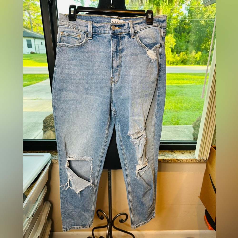Cello Light Blue High Rise Distressed Straight Jeans Size 14
